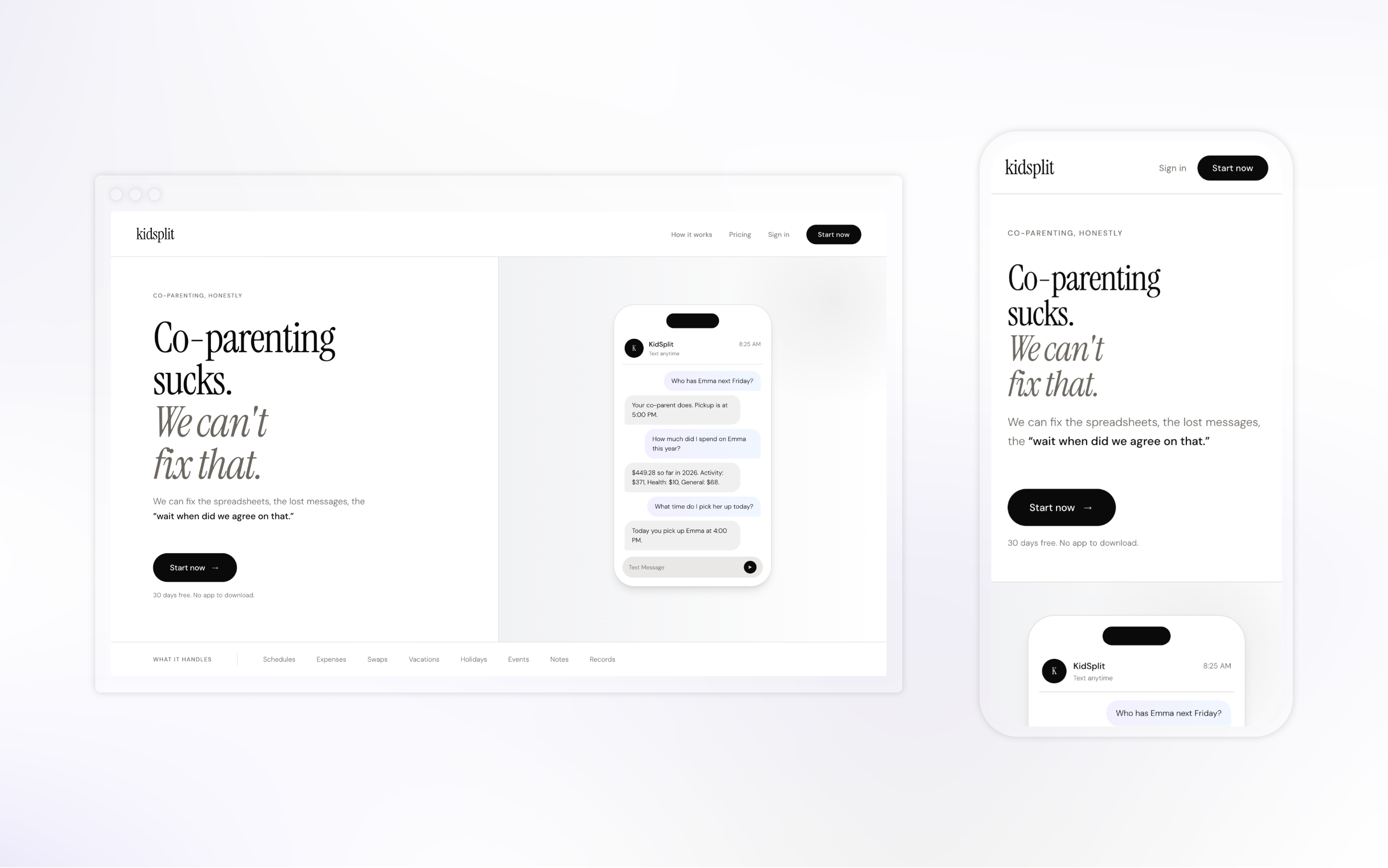 KidSplit website shown across desktop and mobile layouts