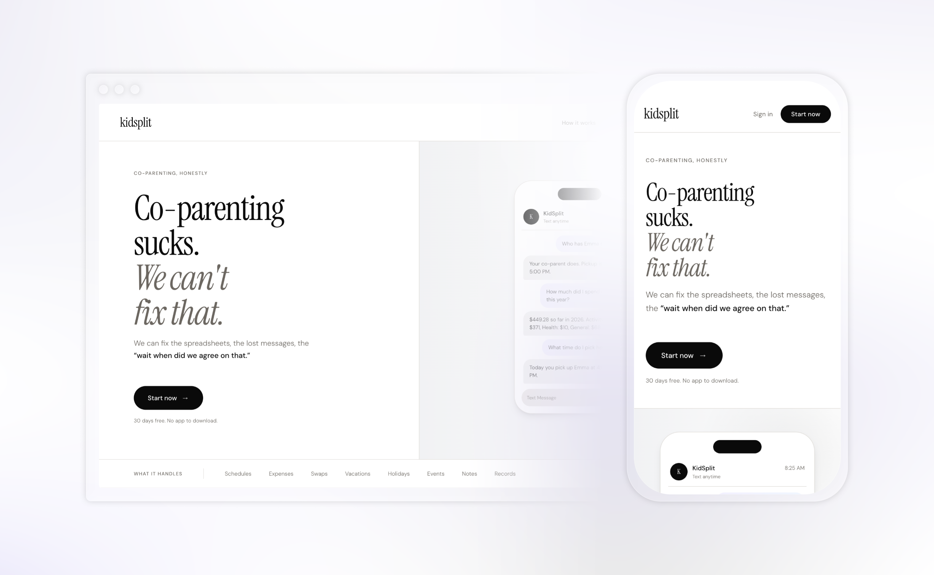 KidSplit website shown across desktop and mobile layouts